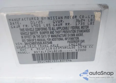 2025 Nissan Versa 1.6 Sv z USA, uszkodzony, nr VIN 3N1CN8EV5SL837546